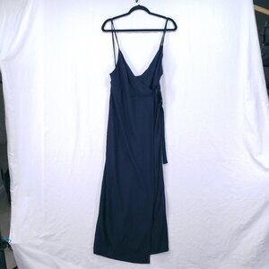 ZARA TRAFALUC Navy Blue Cami Wrap Maxi Dress Slit V-Neck Strappy Size L